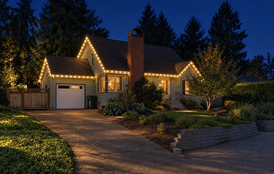 Warm-white lights following the roof edges and gables of a completed Trinity project