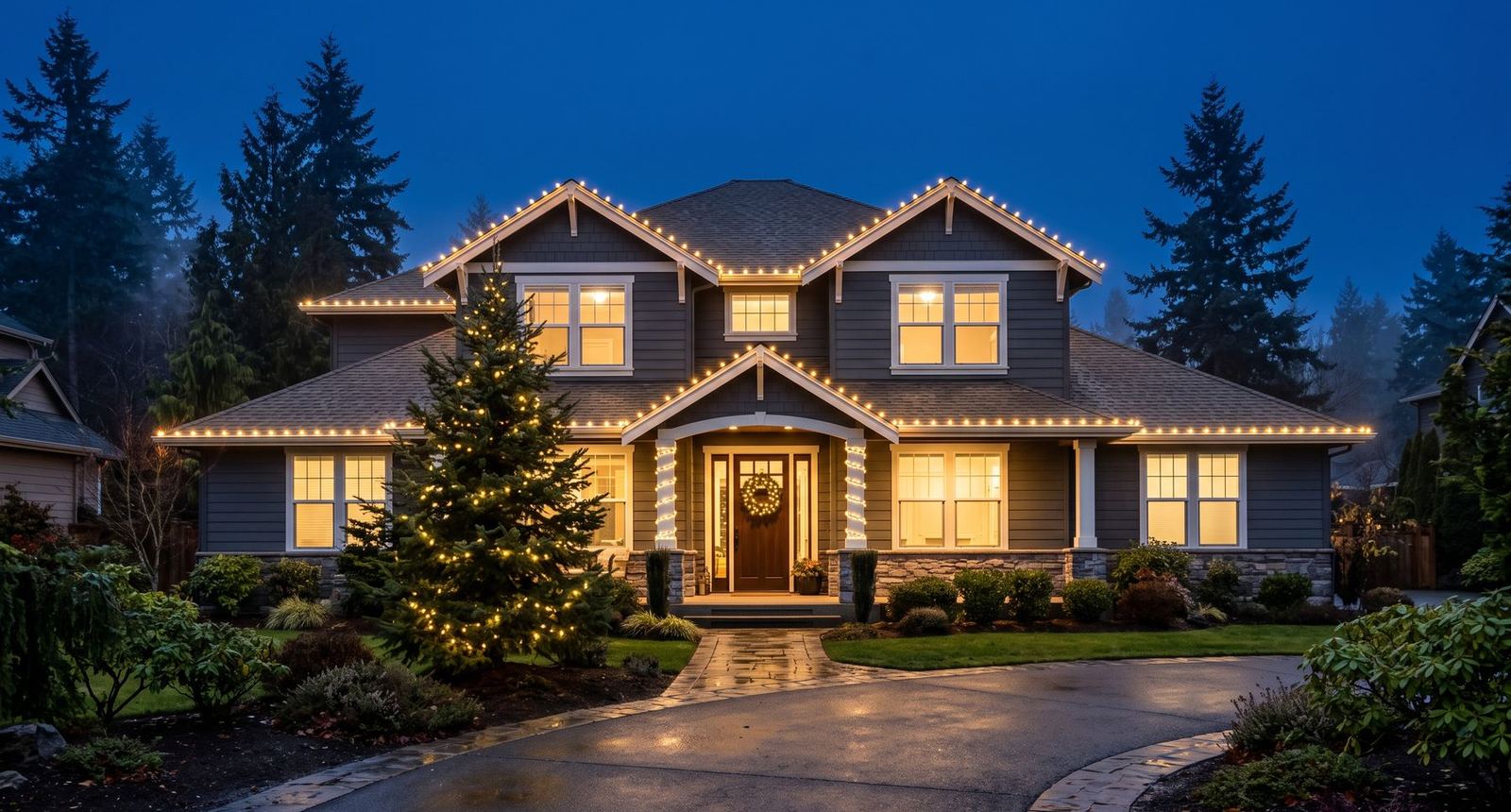 Home with professionally installed Christmas lights