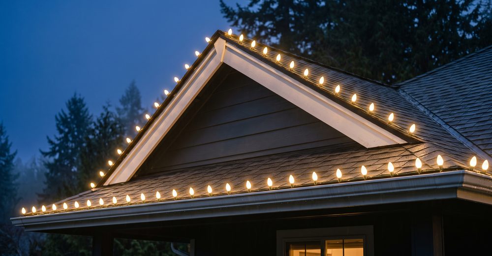 A roofline and gable edged with warm C9 bulbs at dusk