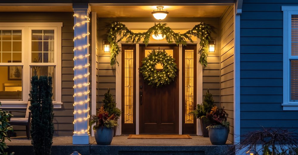 A front door with a lit wreath, garland over the entry and a wrapped porch column